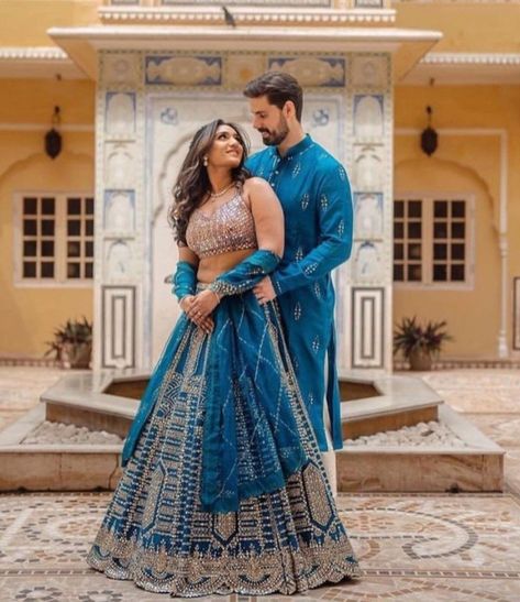 Couple Dress Matching Indian Wedding, Blue Indian Wedding Dress, Engagement Couple Dress, Engagement Portraits Poses, Engagement Dress For Groom, Wedding Matching Outfits, Indian Wedding Poses, Groom Dress Men, Engagement Pictures Poses