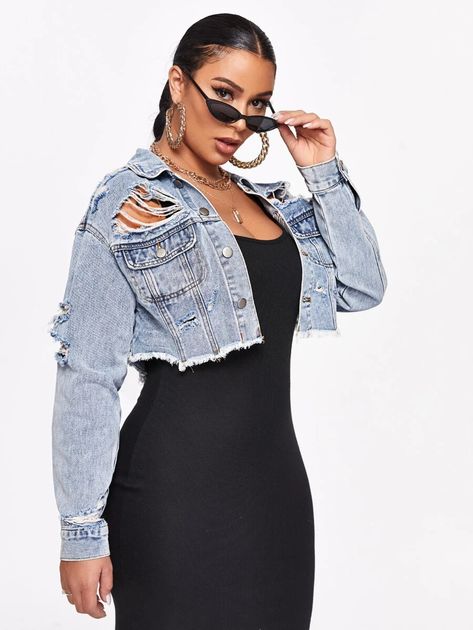 Ripped Cropped Jean Jacket, Cropped Denim Jacket Outfit Baddie, Trendy Distressed Cropped Outerwear, Cropped Distressed Denim Jacket, Distressed Cropped Denim Outerwear, Make A Shirt, Wwe Art, Medium Wash Button-up Denim Cropped Jacket, Crop Jean Jacket