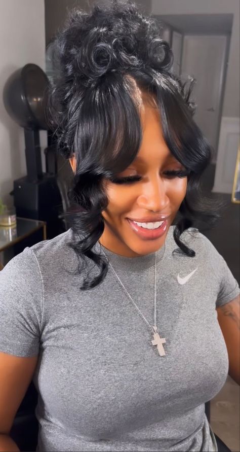 Curly Updo With Swoop, Half Up Half Down Weave Hairstyles With Bangs, Black Hair Up Dos Hairstyles, Elegant Ponytails For Black Women, Messy Ponytail With Bangs Black Women, Big Bun Black Women, Curly Bun Updo Black, Full Ponytail Hairstyles For Black Women, Bun With Curled Bangs Black Women