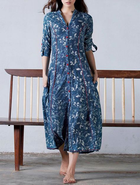 Buy Indigo Red Princess Line Button Down Natural Dyed Block Printed Cotton Dress /Jacket Online at Jaypore.com Kalamkari Dresses, Red Princess, Kurta Patterns, Cotton Kurtis, Princess Line, Salwar Designs, Long Kurti Designs, Kurta Designs Women, Printed Cotton Dress