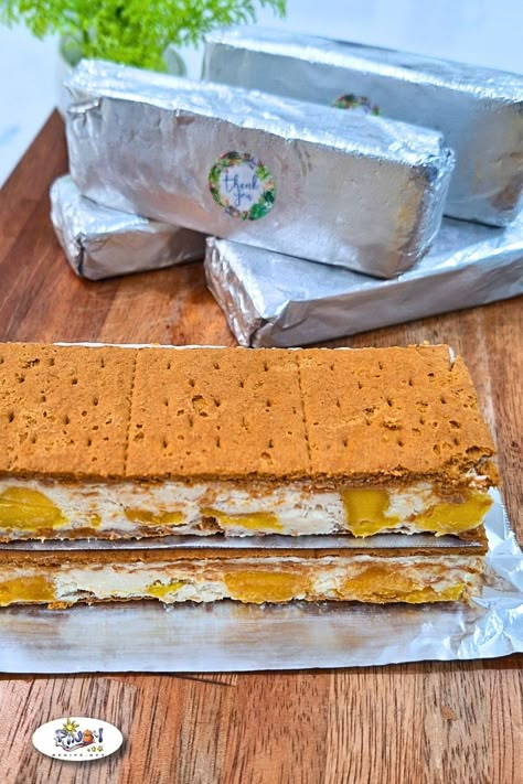 Graham Bar In Foil, Mango Graham Bar, Custaroons Recipe, Graham Bar, Filipino Ice Cream, Graham Bars, How To Make Graham, Mango Bar, Mango Filling