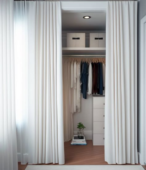 Alternatives To Closet Doors, Curtain For Closet Door Bedroom Ideas, Alternative Closet Door Ideas, Curtain Wardrobe Doors, Closets Without Doors Ideas, Closet Door Alternatives, Wardrobe Curtain, Closet Door Alternative, Small Closet Door Ideas