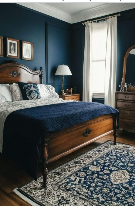 Dark Blue Furniture Bedroom, Moody Blue Bedroom Ideas, Blue Victorian Bedroom, Midnight Blue Room, Hague Blue Bedroom, Royal Blue Room, Moody Blue Bedroom, Blue Room Paint, Dark Blue Bedroom Walls