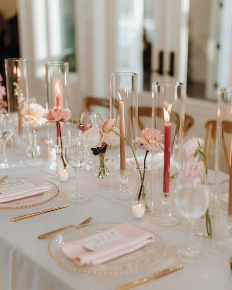 Southern Wedding Decorations, Taper Candle Centerpiece, Blush Wedding Reception, Pink Taper Candles, Taper Candles Wedding, Wedding Reception Tables Centerpieces, Pink Tablescape, Reception Table Design, Candle Table Decorations