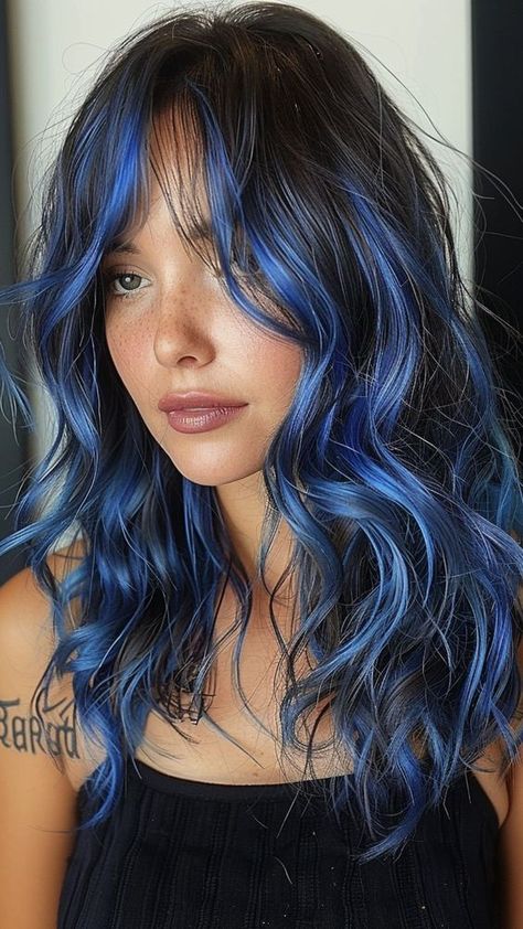 Different Types Of Hair Coloring Styles, Light Blue Hair On Brown Skin, Blue Hair Designs, Hair With A Pop Of Color, Cool Ways To Dye Hair, Summer Hair Ideas Color, Blue And Brown Hair Ideas, Blue Highlights In Brown Hair Curly, Brunette With Blue Highlights