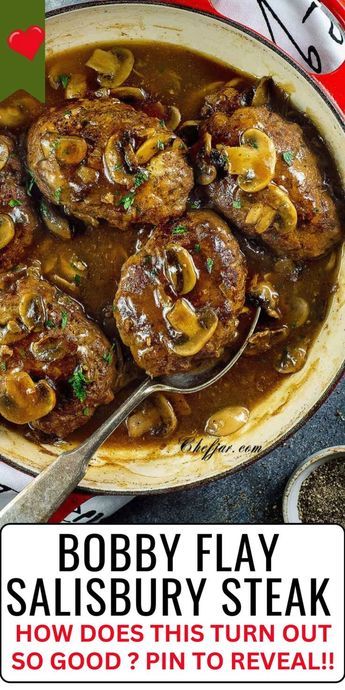 Bobby Flay's Salisbury Steak Recipe - Try the celebrity chef's delicious twist on a classic favorite! Make it tonight. Steak With Mushrooms, Recipe With Mushrooms, Salisbury Steak Recipe, Salisbury Steak Recipes, Beef Patties, Beef Casserole Recipes, Where's The Beef, Mushroom Gravy, Bobby Flay