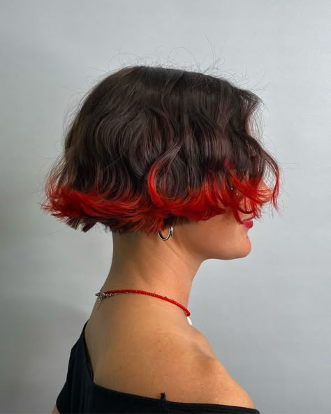 Korean inspired hair, bicolor, red hair tips, hair inspo, short bob, short wavy bob Red Hair Tips, Dyed Tips, Hair Dye Tips, Short Red Hair, Dip Dye Hair, Colored Hair Tips, Natural Aging, Short Haircuts For Women, Short Wavy Hair