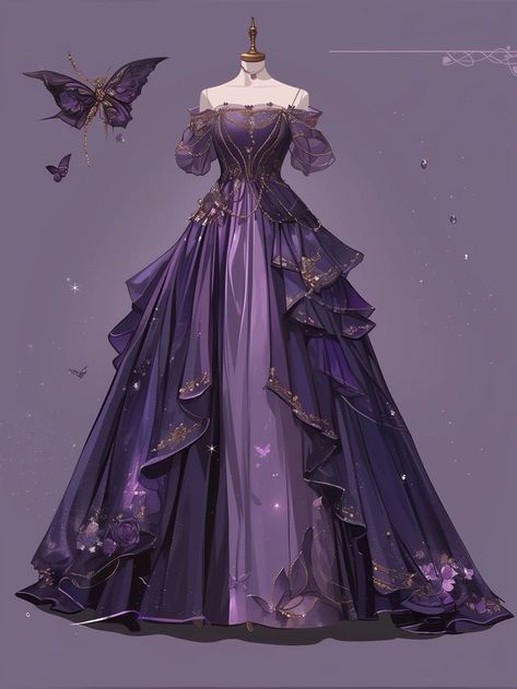 Purple Fantasy Dress, Purple Ballgown, Elegant Purple Dresses, Magical Dress, Dreamy Gowns, Dress Design Drawing, Purple Prom Dress, Fantasy Dresses, Fashion Drawing Dresses