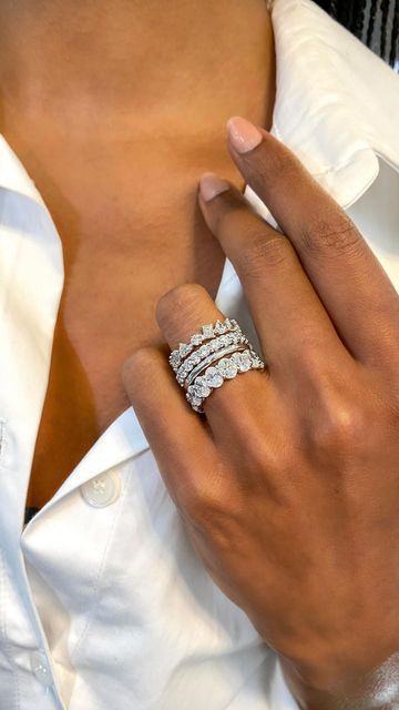 Stacked Eternity Bands Engagement, Stackable Diamond Rings Eternity Bands, Two Eternity Bands Stacked, Stackable Eternity Bands, Diamond Band Stacked Rings, Oval Eternity Band Stacked, Large Diamond Wedding Band, Push Present Ring Stack, Ring Stack Diamond