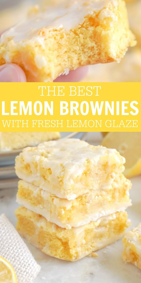 The Best Lemon Brownies for Spring and Summer! Made with a box of cake mix and lemon pudding, these simple Lemon Brownies are SO good! Only 4 ingredient! Soft, Fudgy, and the best fresh lemon glaze! #lemonpeony #lemondesserts #lemon #brownies #lemonbrownies #glaze Easy Lemon Brownies, Lemon Brownies, Cake Mix Desserts, Fudgy Brownie, Chewy Brownies, Lemon Cake Mixes, Lemon Dessert Recipes, Brownie Ingredients, Lemon Glaze