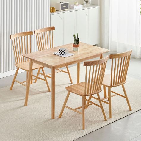 PRICES MAY VARY. [Dining Table Wood Set for 4] This 5-piece wood dining table set, which is able to seat up 4 persons, includes 1 solid wood rectangular table and 4 solid wood Windsor chairs. Perfectly match with your kitchen, dining room, or breakfast nook. [Sturdy Dining Room Wood Table Set] The modern 5 pieces wood dining table set, made of natural solid wood, the wood rectangular table can support up to 110lb and the wooden chairs can support up to 300 lb. [Exquisite Table and Chairs Wood se Modern Dinner Table, Rectangular Kitchen Table, Wooden Dining Room Table, Dining Table Solid Wood, Wooden Dining Table Set, Rectangular Kitchen, Wood Dining Room Table, Windsor Chairs, Dining Room Table Chairs