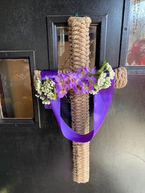 Excited to share this item from my #etsy shop: Cross shaped wreath wrapped with braided rope and draped with purple ribbon Cross Shape Wreath Frame, Burlap Cross Wreath, Rope Cross, Cross Wreath Diy, Burlap Cross, Religious Wreath, Purple And White Flowers, Easter Arrangement, Easter Wreath Diy