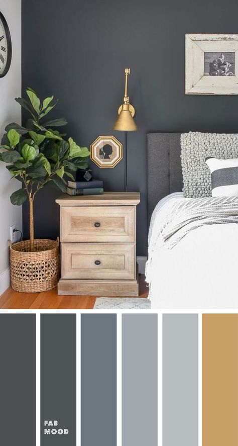 Color inspiration Archives - Page 4 of 23 - Fabmood | Wedding Colors, Wedding Themes, Wedding color palettes Gray Accent Wall Bedroom, Grey Bedroom Colors, Grey And Gold Bedroom, Dark Gray Bedroom, Gray Walls, Dekorasi Kamar Tidur, Gold Bedroom, Bedroom Wall Colors, Accent Wall Bedroom