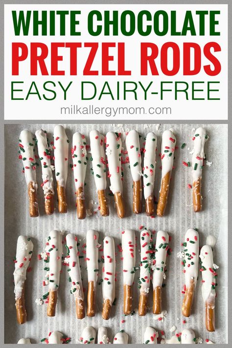 White Chocolate Pretzel Rods, Milk Allergy Recipes, Dairy Free Christmas Recipes, Best Shrubs For Shade, White Pretzels, Chocolate Covered Pretzel Sticks, Shrubs For Shade, Milk Allergy Mom, Dairy Free White Chocolate