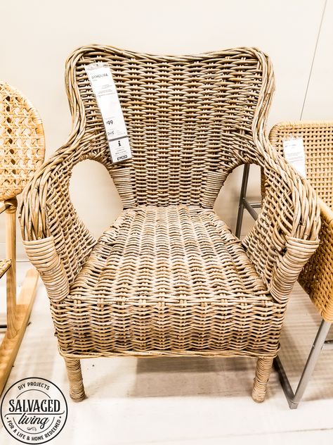 Wicker Chair Styling, Wicker Accent Chair, Wicker Chairs In Living Room, Living Room Wicker Chair, Ikea Boho Chair, Ikea Beach House Ideas, Wicker Kitchen Chairs, Wicker Furniture Living Room, Ikea Rattan Chair