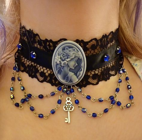 Gothic Choker With Blue Accents  •  Make a lace choker in under 160 minutes Gothic Choker, Blue Choker, Gothic Chokers, Jewelry Editorial, Goth Jewelry, Cameo Jewelry, Lace Jewelry, Punk Jewelry, Steampunk Jewelry