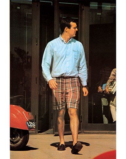 "Bermuda shorts—two variations. What can a man wear that is superior to the combination of an Oord button-down shirt and a pair of check, Indian Madras Bermuda shorts?" Preppy Menswear, Ivy Look, Born In The Wrong Era, Men In Shorts, Preppy Mens Fashion, Preppy Men, Ivy League Style, Ivy Style, Prep Style