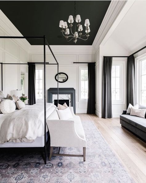 Bedrooms of Instagram on Instagram: “Black Ceiling?? 🤔 Absolutely!!  Design: @cambridgehomecompany  Photo: @rebekahwestoverphotography” Black White Bedrooms, Cambridge House, White Bedroom Design, Comfy Place, Cool Curtains, Black Bedroom, Black Ceiling, Black And White Decor, Bedroom Black