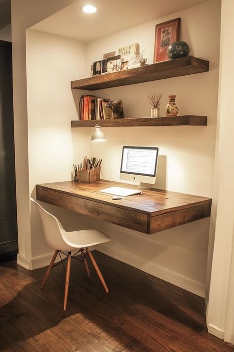 "Transform any room into a productive space with a DIY Floating Desk! 🛠️💻 A great solution for small spaces and modern decor. 🌟✨ #FloatingFurniture #DIYHome #WorkspaceIdeas" Floating Desk Nook, Wall Desk With Shelves, Small Office Space 2 Desks, Desk On The Wall, Floating Shelves Desk Area, Work Station In Bedroom Ideas, Mounted Desk Ideas, Floating Shelves Study, Corner Wall Desk Floating