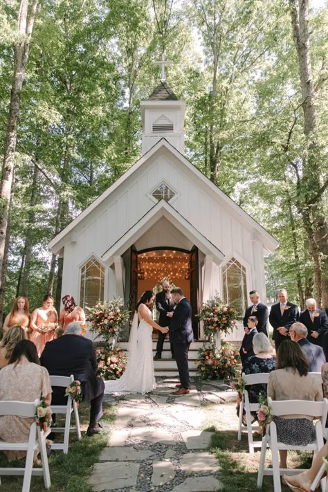 Summer Wedding | Conley Creek | Blairsville, GA White Wedding Chapel in Georgia Mountains Mountain Wedding Chapel, Wedding Chapel Building Plans, Wedding Chapel In The Woods, Small White Chapel Wedding, Mountain Wedding Georgia, Mountain Chapel Wedding, Beautiful Chapel Wedding, Little Church Wedding, Little Chapel Wedding