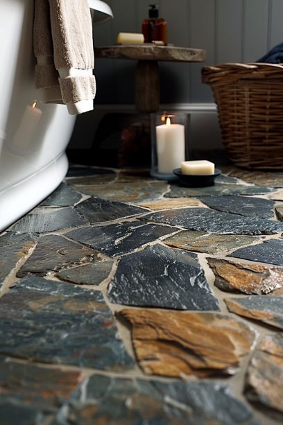 17 Gorgeous Bathroom Flooring Ideas Trends (Durability, Safety & Style) Bathroom With Rock Floor, Stone Floor Bathroom Ideas, Riverstone Bathroom Floor, River Rock Floor Bathroom, Rustic Tile Floor Bathroom, Flagstone Bathroom Floor, Flagstone Floor Bathroom, Flagstone Tile Floor, Concrete Master Bath