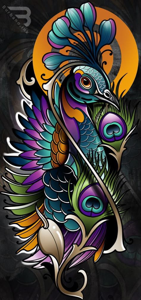 Neo Traditional Rib Tattoo, Neotraditional Peacock Tattoo Design, Colour Neo Traditional Tattoo, Neo Traditional Color Tattoo, Neotrad Tattoo Design Colored, Peacock Neotraditional Tattoo, Sleeve Tattoos Neo Traditional, Neo Tradional Tattoo Ideas, Neo Traditional Tattoo Men