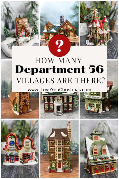 Collage of Department 56 Village buildings from various series. The Original Snow Village, Dickens, New England, North Pole, Alpine Village and Christmas in the City. Dept 56 Dickens Village Display Ideas, Dickens Village Display, Department 56 Displays, Department 56 Christmas Village, New England Christmas, England Village, Christmas Village Collections, Dept 56 Snow Village, Lemax Christmas Village