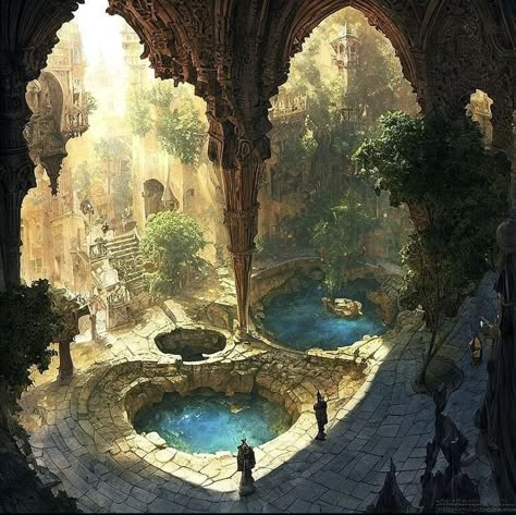 Fantasy Landscape Kingdom, Dnd Concept Art Scenery, Fantasy Spring Landscape, Worldbuilding Landscape, Fantasy Buildings Concept Art, Fantasy Scene Inspiration, Training Grounds Fantasy Art, Fantasy Forest Kingdom, Fantasy Library Concept Art