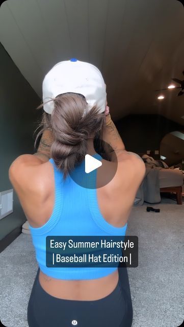 Cort Anderson on Instagram: "Off to the pool! So here is another easy baseball hat hairstyle  . #hairstyles #hairstyletutorial #baseballhat #easyhairstyles #easyhairstyle #hathairstyle #hairtutorial #hairextensions #hairstyling #hairstyleoftheday" Hair Up In Hat Hairstyles, Cute Ways To Wear A Baseball Hat, Ponytail With Baseball Hat, Hair With Baseball Hat How To Wear, How To Style Hair With Baseball Hat, Hat Updo Hairstyles, Baseball Hairstyles For Women, Hat Bun Hairstyles, Cute Ball Cap Hairstyles