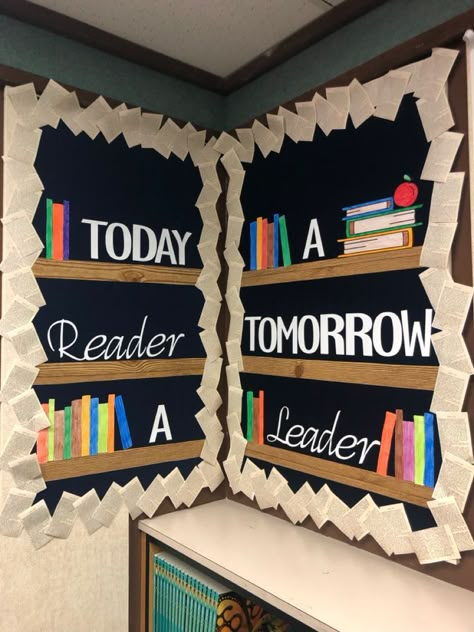 High School Library Ideas Display, School Reading Room Ideas, Favorite Book Bulletin Board Ideas, Welcome Back To The Library Bulletin Board, Front Office Bulletin Board Schools, Classroom Book Decor, Library Theme Classroom, School Hall Displays, Reading Class Bulletin Boards