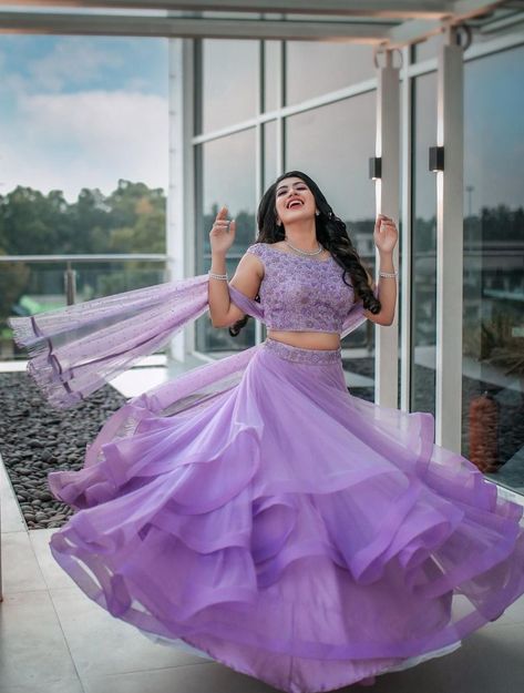 To get your outfit customized visit us at Srinithi In Style Boutique Madinaguda Hyderabad WhatsApp/Call : +919059019000 / or mail us at srinithiboutiquee@gmail.com for appointments, online order and further details... Worldwide Shipping Avalible Lavender Crop Top Lehenga, Lavender Colour Lehenga, Lavender Colour Combination, Lavender Colour Dress, Layer Lehenga, Trending Lehenga Designs, Lavender Color Dress, Lavender Lehenga, डिजाइनर कपड़े