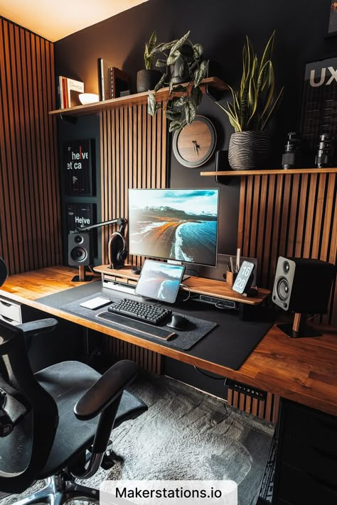 WFH Desk Setup Standing Desk Setup, Modern Home Offices, Home Studio Setup, Small Home Offices, Computer Room, Gaming Room Setup, School Room, Game Room Design, Home Office Setup