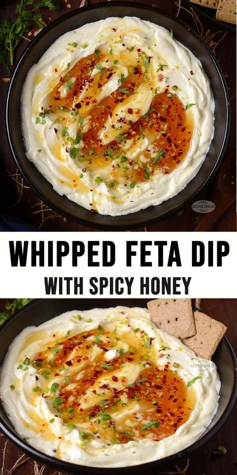 Whipped Feta with Honey Whipped Feta Spicy Honey, Entertaining Snack Ideas, Feta Cream Cheese Honey Dip, Whipped Feta With Spicy Honey, Whipped Feta And Balsamic Grapes, Feta Hot Honey Dip, Feta Uses, Hot Honey Whipped Feta, Feta Skewers Appetizers