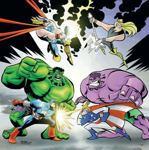 Avengers:- Captain America, Thor and Incredible Hulk Vs m The Justice Friends:-Major Glory , Valhallen , and the Infraggable Krunk Justice Friends, Dexter's Laboratory, Dexter Laboratory, Amazing Pics, Cartoon Crossovers, Marvel Vs, Incredible Hulk, Old Cartoons, Superhero Art