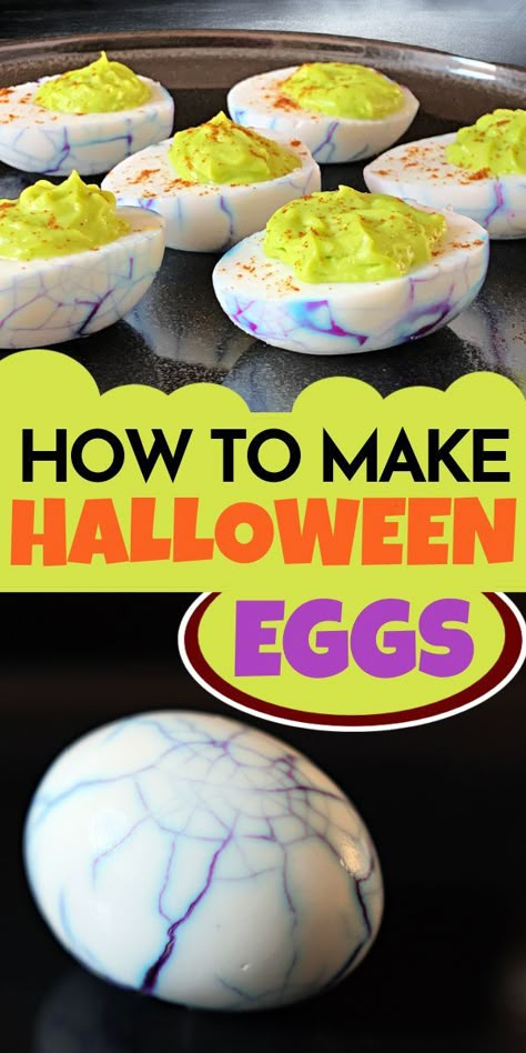 A guide on how to make Halloween deviled eggs for a Halloween party food idea that everyone loves. Halloween Eggs, Halloween Deviled Eggs, Halloween Potluck, Halloween Party Appetizers, Halloween Food Appetizers, Spooky Food, Halloween Party Snacks, Fun Halloween Food, Easy Halloween Food