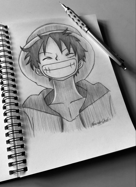 Sketch Of Cartoon Characters, One Piece Luffy Pencil Sketch, Anime Pencil Art Drawings, One Piece Pencil Sketch, Cute Anime Drawing Pencil, Easy Drawings Sketches Anime, Luffy Pencil Drawing, Anime Doodles Sketches, Luffy Sketch Easy