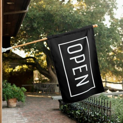 BLACK OPEN SIGN FLAG | Zazzle.com We're Open Sign, Open Sign, Dog Grooming Salons, Grooming Salon, Open Signs, Print Display, Boho Flowers, House Flag, Outdoor Signs