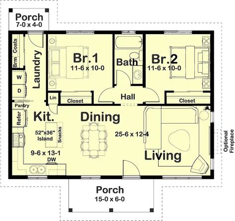 Country House Plan - 2 Bedrooms, 1 Bath, 936 Sq Ft Plan 32-185 30x30 House Plans 2 Bedroom, 2 Bedroom Floor Plans Open Concept, Floor Plans Open Concept, Floor Plans Open, 2 Bedroom Floor Plans, Dream Country, Monster House Plans, Monster House, Country Style House