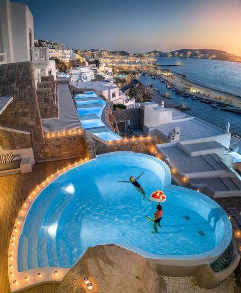 Cavo Tagoo Mykonos Greece, Heart Shaped Pool, Resorts In Greece, Cavo Tagoo, Greece Resorts, Cavo Tagoo Mykonos, Aesthetic Views, Paradise Falls, Lavish Lifestyle