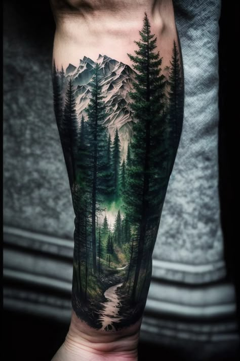 Woods Theme Tattoo, Tree And Mountain Tattoo Sleeve, Forest Leg Tattoo Men, Forest Calf Tattoo, Neo Traditional Forest Tattoo, Electric Forest Tattoo, Colored Forest Tattoo, Dark Nature Tattoo Sleeve, Pnw Tattoo Sleeve