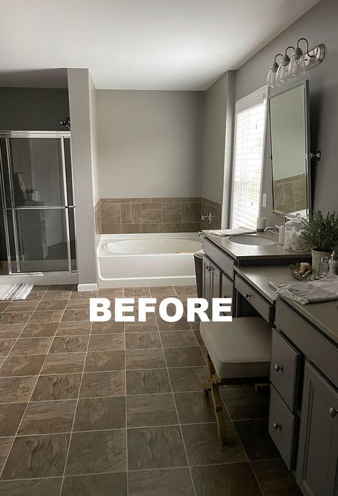 Paint Bathroom Tile Black, Peel Stick Tile Bathroom, Peel And Stick Tile Bathroom Tub, Black And White Bathroom With Tub, Black And White Peel And Stick Tile, Dark Floor Tile Bathroom, Bathroom With Black And White Tile Floor, Peel And Stick Shower Tile, Bathrooms With Black Floors