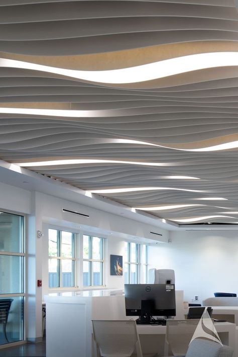 Acoustic Panel Ceiling Design, Waves Interior Design, Wavy Ceiling Design, Acoustical Ceiling Panels, Wave Ceiling Design, Lighting Exposed Ceiling, Interesting Ceiling Ideas, Acoustic Baffle Ceiling, Acoustic Ceiling Design