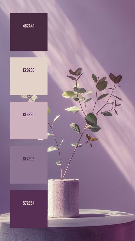 Colors: 482A41 ° E2D2C8 ° CEB2BD ° 8E7692 ° 572E54 Ethereal Lighting, Lavender Color Palette, Flat Color Palette, Plant Arrangement, Calm Color Palette, Color Design Inspiration, Cool Color Palette, Hex Color Palette, Rays Of Light