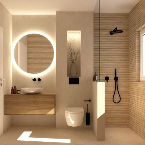 Decor Snob - Classic Bathroom Décor 🤍🤎 | Facebook Japandi Interiors Small Bathroom, Japandi Bathroom Small Apartment, Kupaona Ideje, Small Bathroom Classic, Japandi Toilet Design, Beige Toilet Bathroom Ideas, Bathroom Beige Ideas, Modern Country Bathroom Ideas, Small Bathroom Ideas Beige