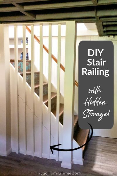 Who doesn't need more storage?! We devised a DIY stair railing that looks sleek and modern and has a secret: hidden storage under stairs! Our basement stairs look great, are safe and hide some bulky items! Full how to tutorial here. Basement Makeover Ideas, Storage Under Stairs, Under Stairs Dog House, Stairs Remodel, Stairs Makeover Design, Diy Stairs Makeover, Stair Railing Makeover, Basement Staircase, Diy Stair Railing