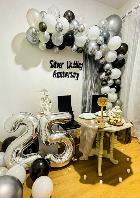 Balloon Decoration For 25th Anniversary, Anivasary Decoration, 25anniversary Decoration Ideas, 25th Wedding Anniversary Themes, Wedding Anniversary 25th Silver, Jubilee Decoration Ideas, Decorations For 25th Wedding Anniversary, 25 Th Wedding Anniversary Ideas Decor, Balloon Decoration For Anniversary