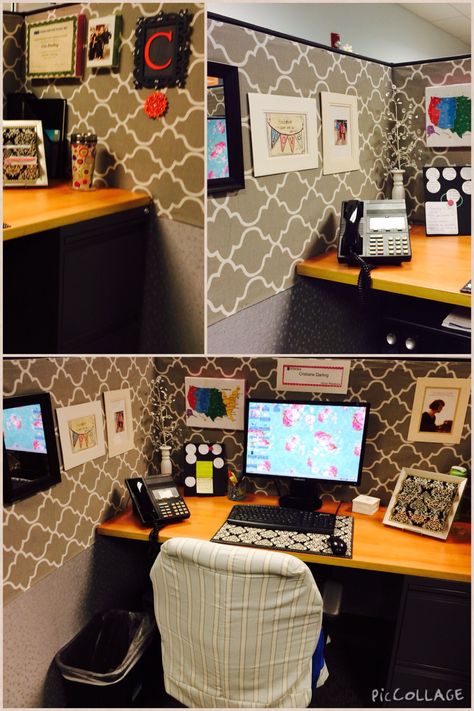 Cubicle Makeover - everything but the weird thing over the chair... Cube Makeover, Diy Cubicle Decor, Cubical Ideas, Diy Cubicle, Cubicle Style, Home Office Cubicle, Work Cubicle Decor, Cubicle Organization, Cubicle Ideas