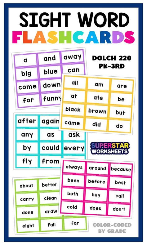 Free printable Sight word flashcards for Preschool to Grade 3. These easy-to-use, engaging flashcards are based on the Dolch sight word list. Try them for FREE today! #sightwords #dolchsightwords #free #flashcards #preschoolflashcards #secondgradesightwords #firstgrade #kindergartenflashcards #thirdgradesightwords Fry Sight Words Kindergarten, Sight Word Flash Cards Free, First Sight Words, 4th Grade Sight Words, Sight Words Preschool, Kindergarten Sight Words Flash Cards, Sight Words Kindergarten Printables, Dolch Sight Word Activities, Third Grade Sight Words