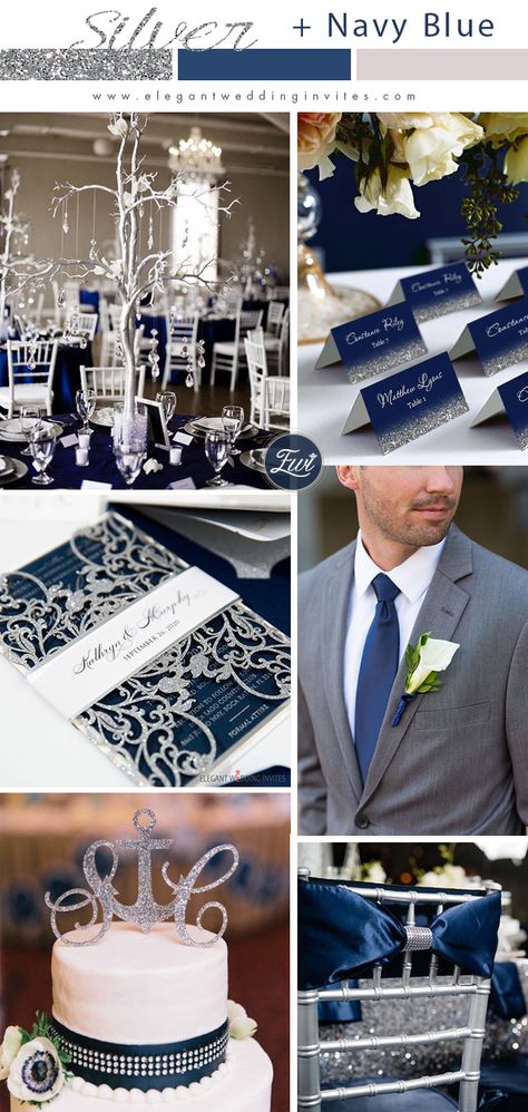 Blue And Silver Themed Wedding, Midnight Blue And Grey Wedding, Navy Blue Purple And Silver Wedding, Grey And Silver Wedding Theme, Navy And Silver Winter Wedding, Navy And Grey Wedding Decorations, Navy Blue White And Silver Wedding Theme, Royal Blue And Gray Wedding Theme, Wedding Ideas Blue And Silver