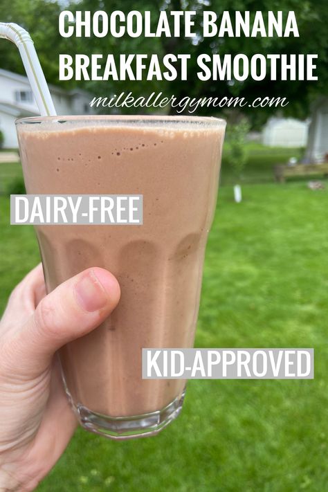 Chocolate Banana Smoothie Dairy Free | Milk Allergy Mom Recipe Banana Smoothie Recipe Healthy, Almond Milk Smoothie Recipes, Milk Allergy Mom, Healthy Chocolate Banana, Banana Smoothie Healthy, Chocolate Banana Smoothie, Banana Breakfast Smoothie, Dairy Free Protein, Smoothie Recipes For Kids